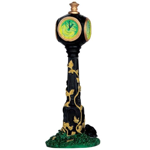 Polyresin village accent for a Lemax display. Designed to look like a tall, black clock with yellow vines growing up it. The clock head is a swirl of lime green and dark green.