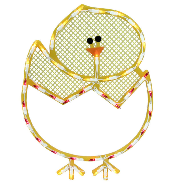 A window silhouette shaped like a chick in an egg. The colors are yellow, red and orange