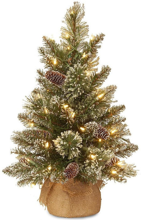 A small tabletop tree in a burlap base. The branches are covered in white glitter. There are warm white lights and pine cone accents.
