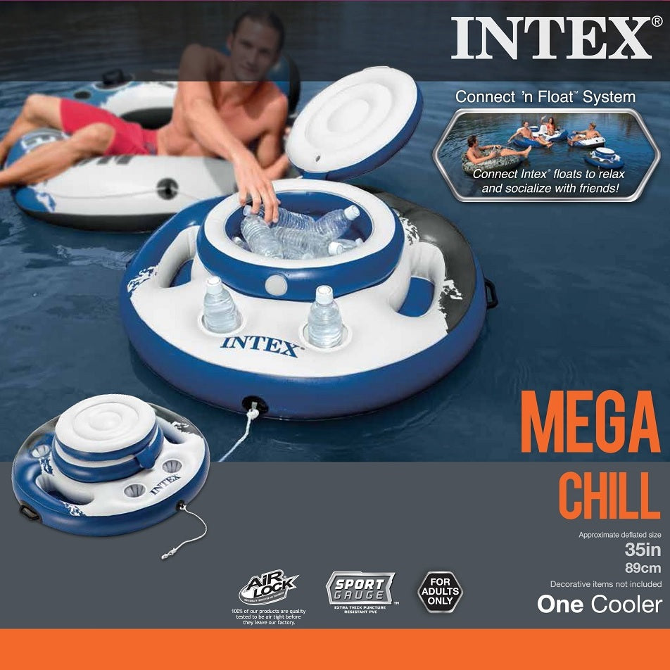 Blue and white inflatable cooler with cupholders.