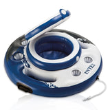 Blue and white inflatable cooler with cupholders.