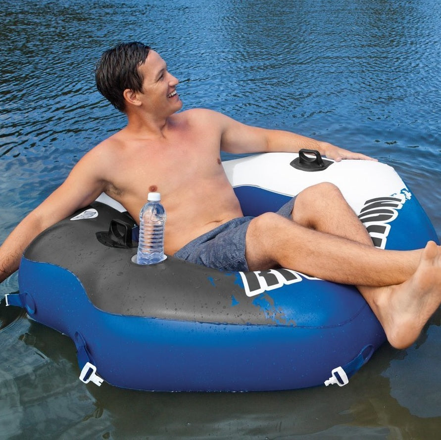 Blue and white inflatable connectable lounge.
