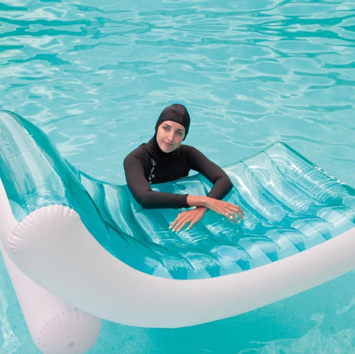 Light blue and white inflatable pool chair.