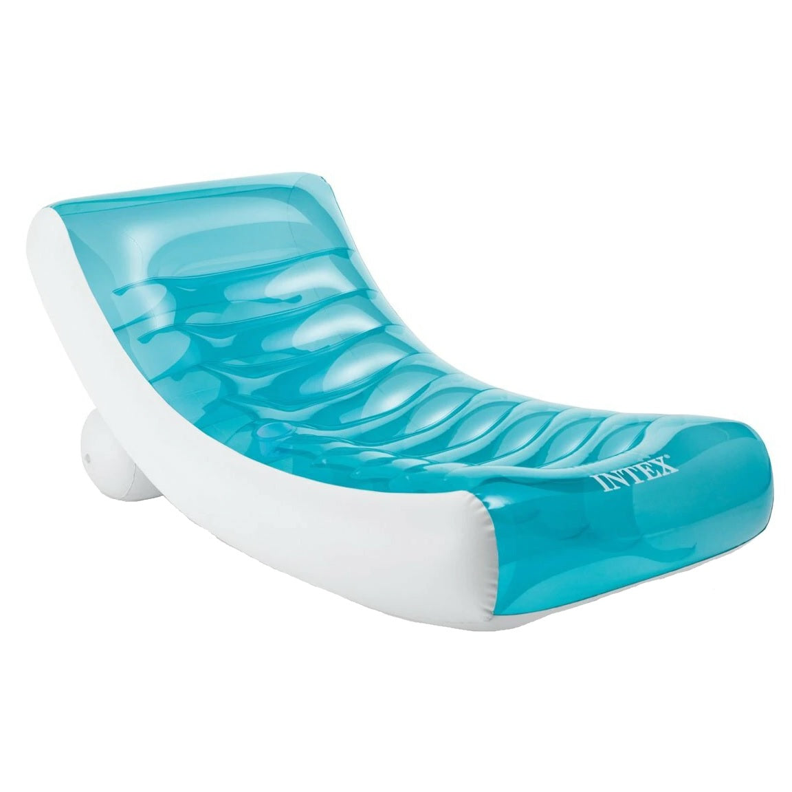 Light blue and white inflatable pool chair.