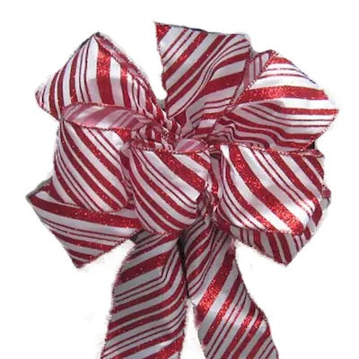 8" x 17" White Satin 6-Loop Christmas Bow with Red Glitter Candy Cane Stripes