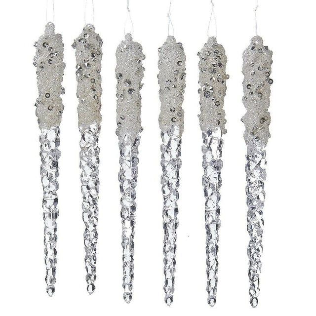 Ornaments shaped like icicles. Covered in white and silver glitter.