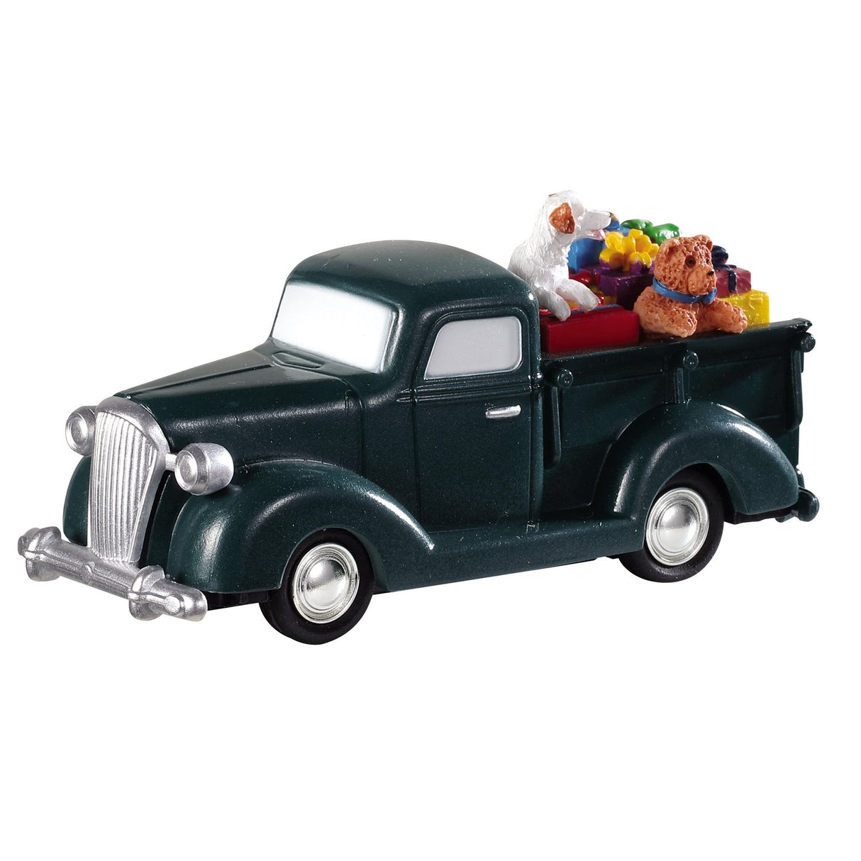 Polyresin figure for a Lemax Village tabletop display. Designed to look like an old car carrying presents and two dogs