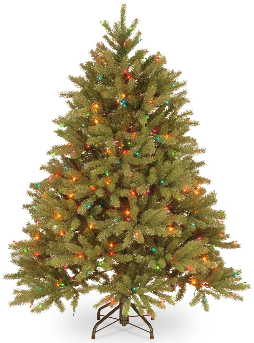 Artificial tree pre-lit with multi-colored lights.