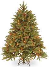 Artificial tree pre-lit with multi-colored lights.