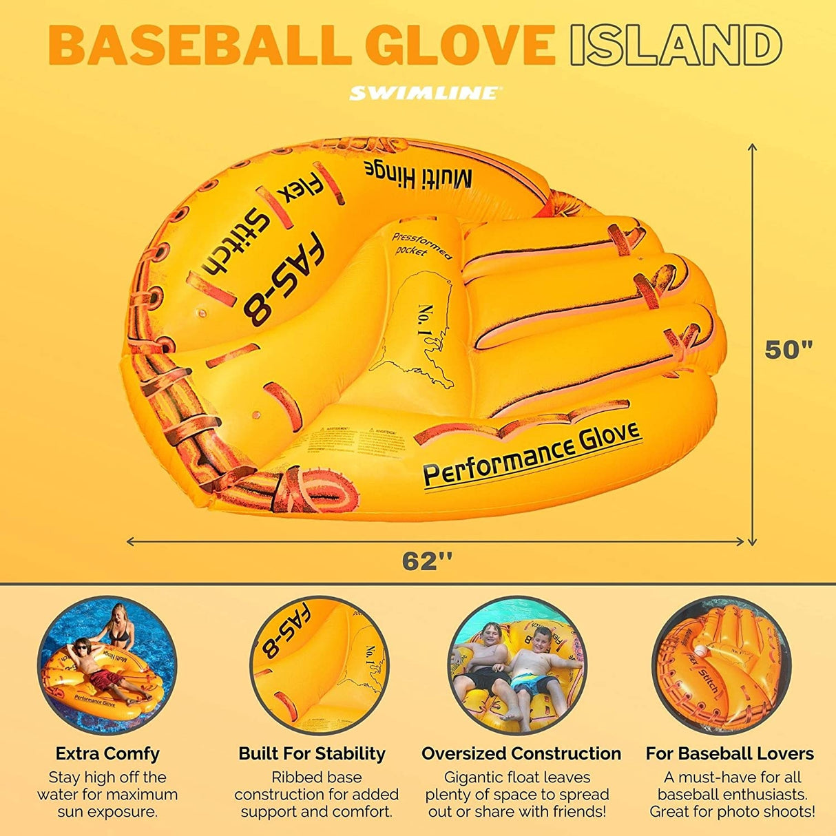 Yellow pool inflatable shaped like a baseball glove.