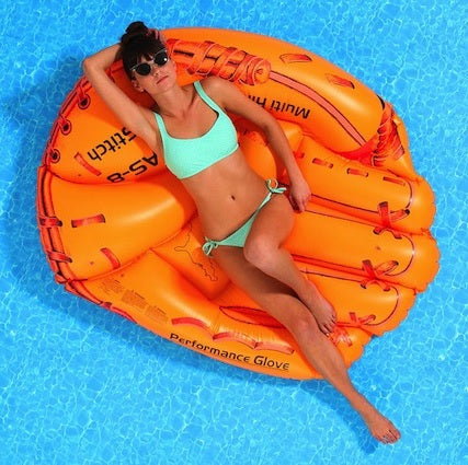 Yellow pool inflatable shaped like a baseball glove.
