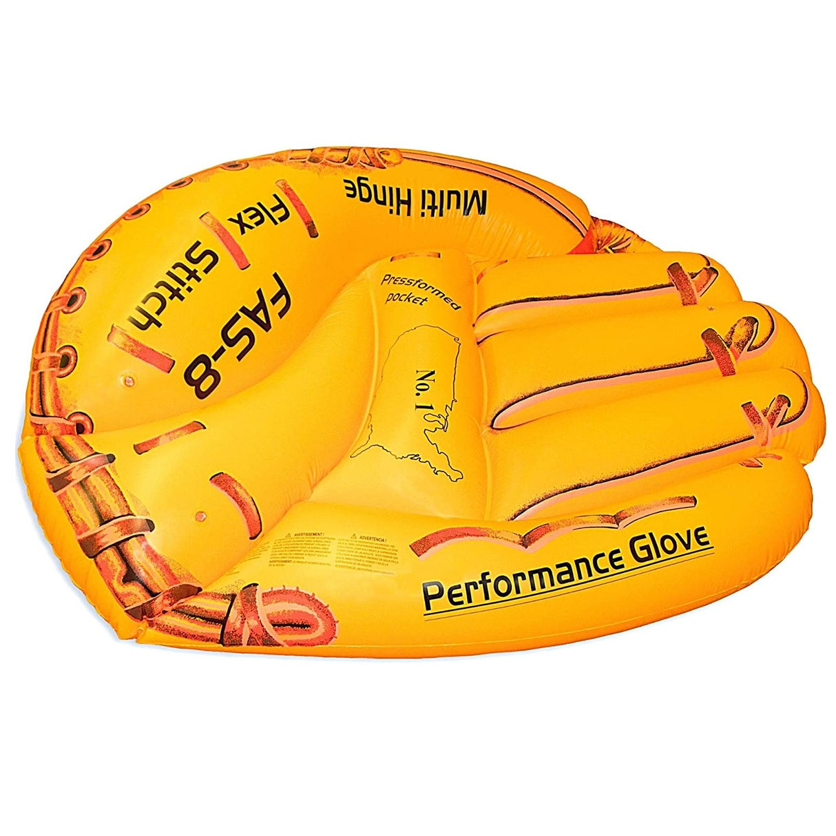 Yellow pool inflatable shaped like a baseball glove.