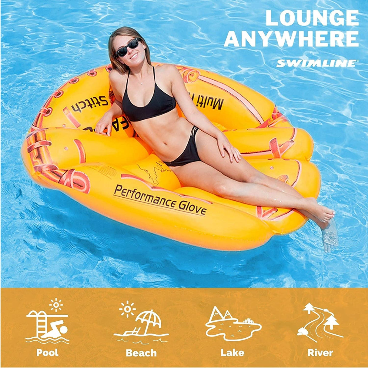 Yellow pool inflatable shaped like a baseball glove.