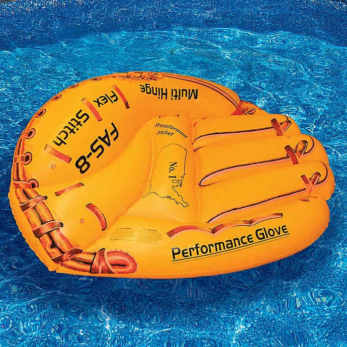 Yellow pool inflatable shaped like a baseball glove.