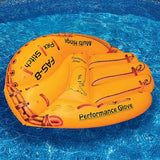 Yellow pool inflatable shaped like a baseball glove.