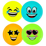 Plastic frisbee with an emoji on it. One is bright yellow with a crying/laughing face. One is a turquoise smiling face. One is an orange smiling face with sunglasses that are shaped like stars. One is a neon green smiling face with pink heart eyes and tiny pink cheeks.