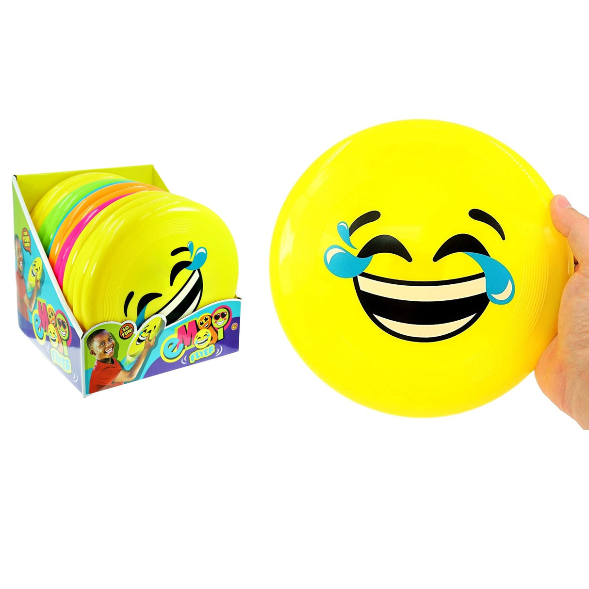 Brightly colored plastic frisbee with an emoji on it. Some of the emojis include a crying/laughing face, a smiling face wearing sunglasses shaped like a star and a smiling face with heart eyes. This image shows all of them in a box. On the right side of the picture, there's a hand holding the frisbee so you can see how big it is.