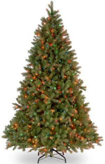 Artificial tree pre-lit with multi-colored lights.