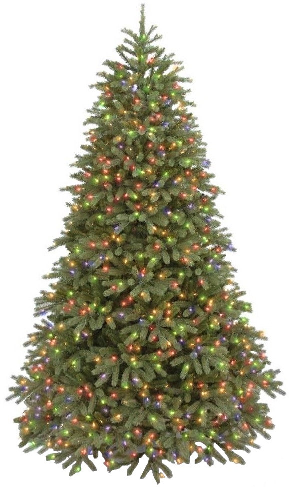 Artificial tree pre-lit with multi-colored lights.