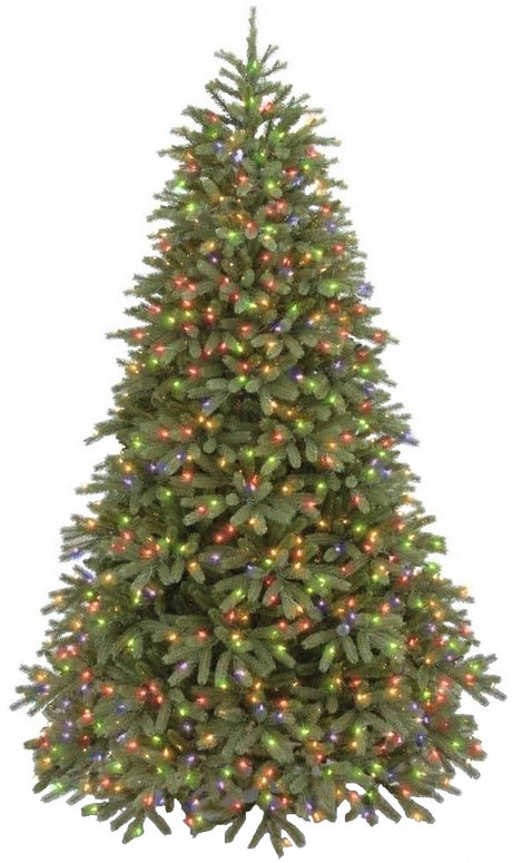 Artificial tree pre-lit with multi-colored lights.