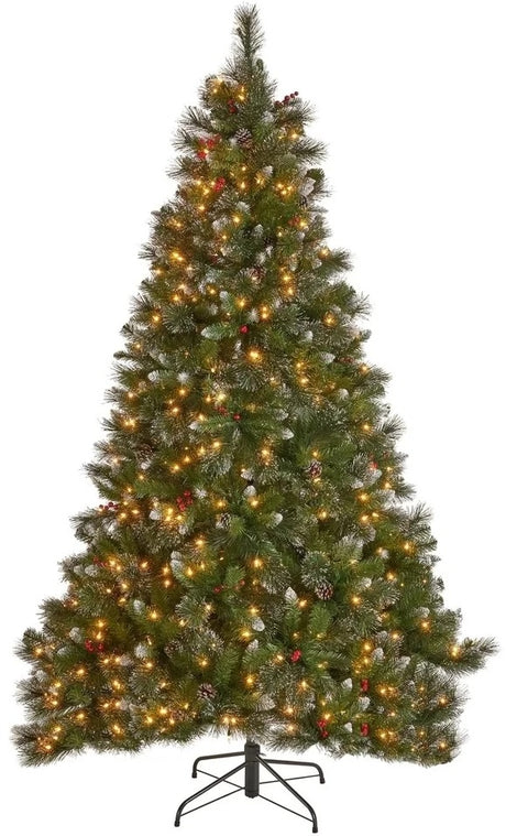 Artificial tree pre-lit with dual lights. Lights change from clear to multi-colored lights. The tree also features red berries and white glitter.