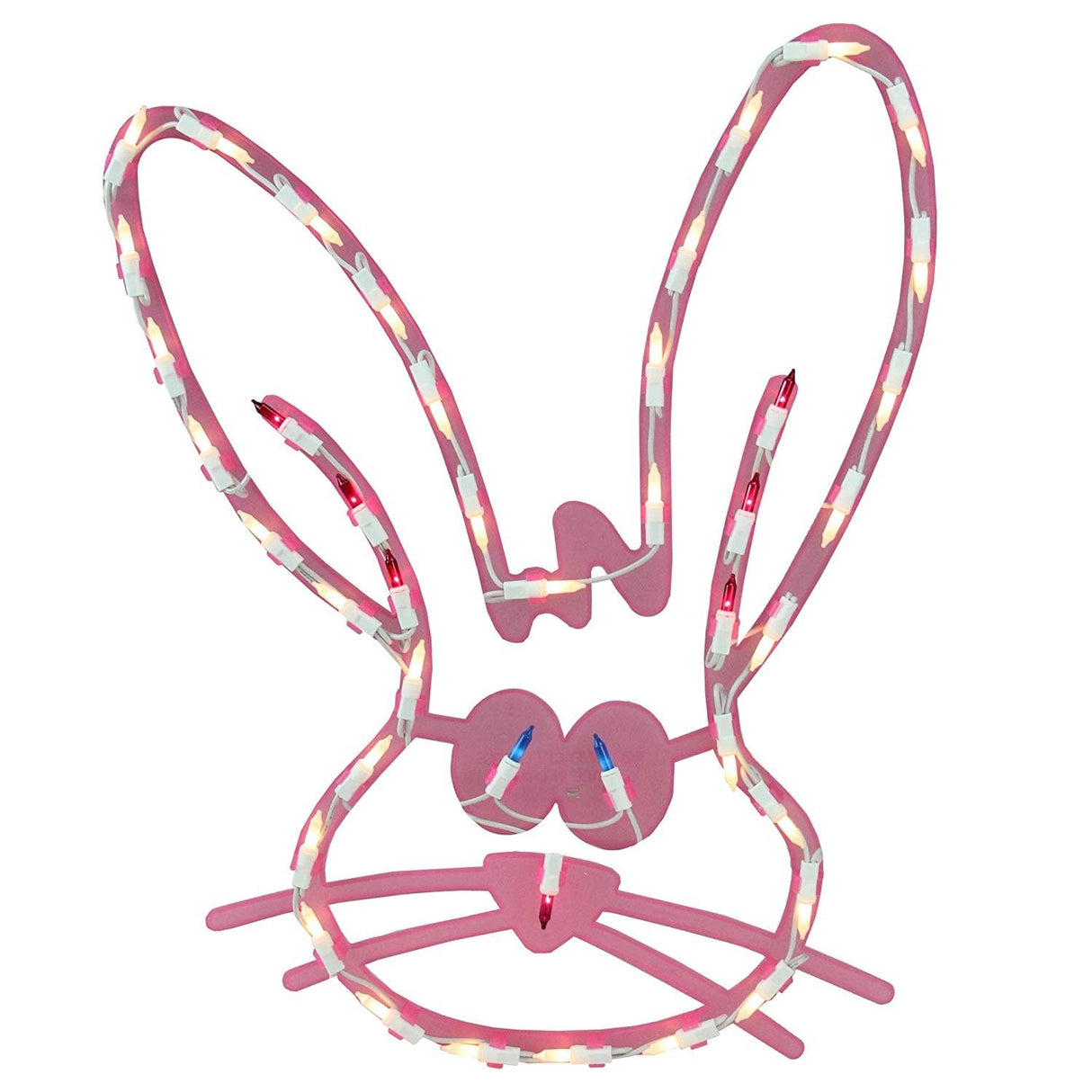 A pink window silhouette decoration for Easter. Designed to look like a cute bunny head with blue eyes and a red nose