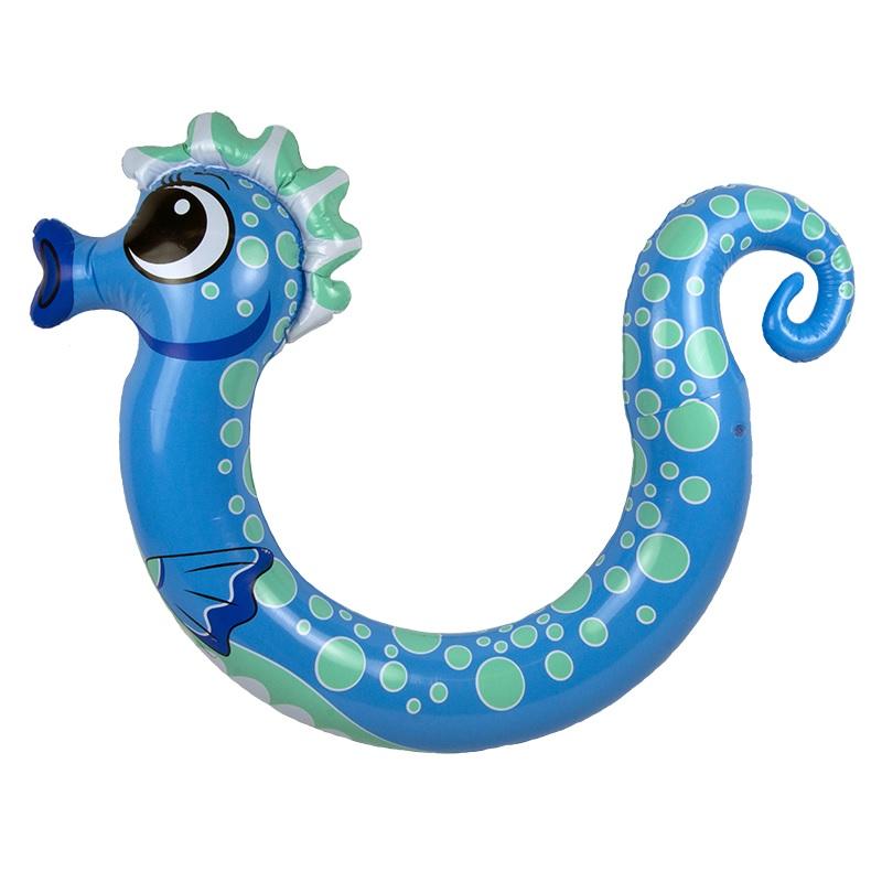 Pool inflatables shaped like seahorses. One is pink and one is blue.