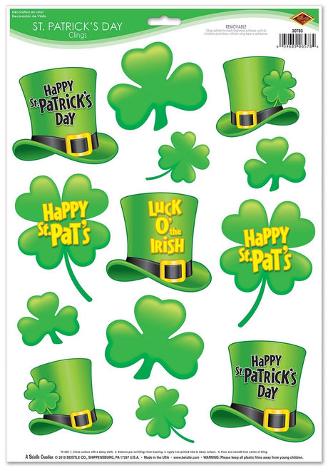 Window clings shaped like shamrocks and green top hats. Some of the window clings read "Happy St. Patrick's Day," "Happy St. Pat's," and "Luck o' the Irish."