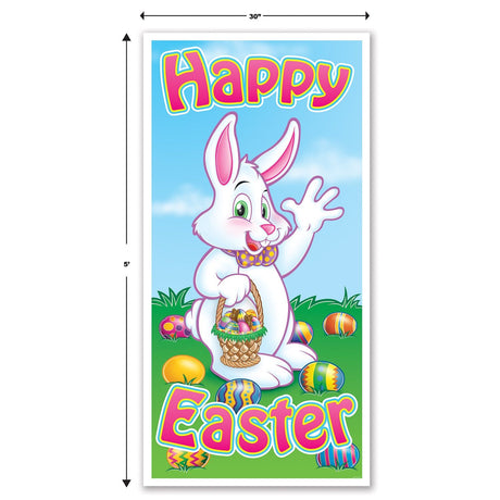 A door cover decoration that reads "HAPPY EASTER" and features a smiling white bunny holding a basket and passing out multi-colored eggs on bright green grass