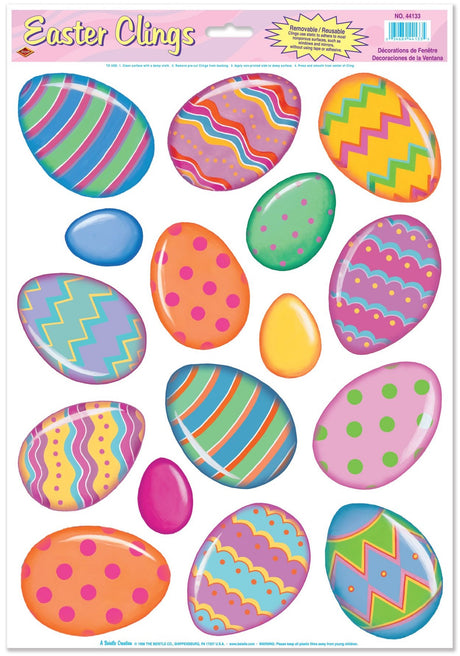 A sheet of window clings for decorating during Easter. Sheet has 16 stickers. Each sticker is a multi-colored egg