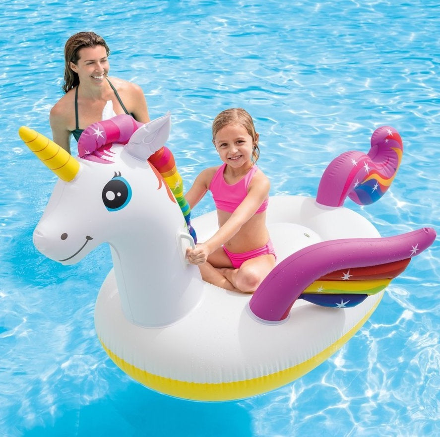 Inflatable pool float shaped like a rainbow unicorn.
