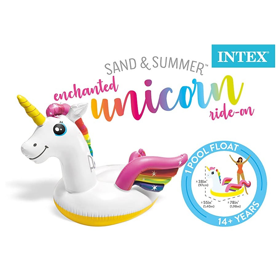 Inflatable pool float shaped like a rainbow unicorn.