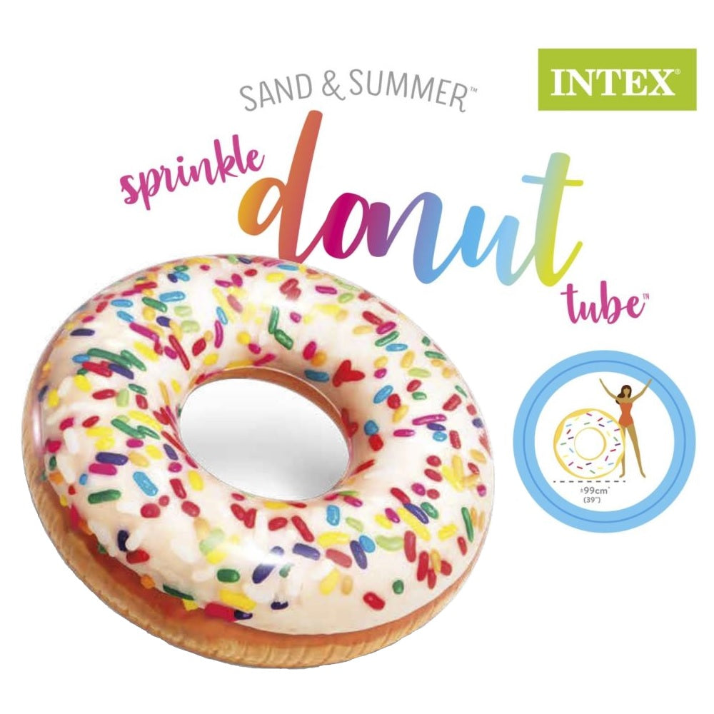 Inflatable inner tube designed to look like a donut with frosting and multi-colored sprinkles.