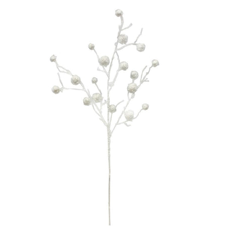 Pick spray designed to look like white branches with white glittery balls on them.
