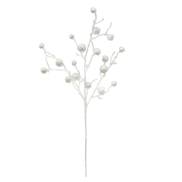 Pick spray designed to look like white branches with white glittery balls on them.