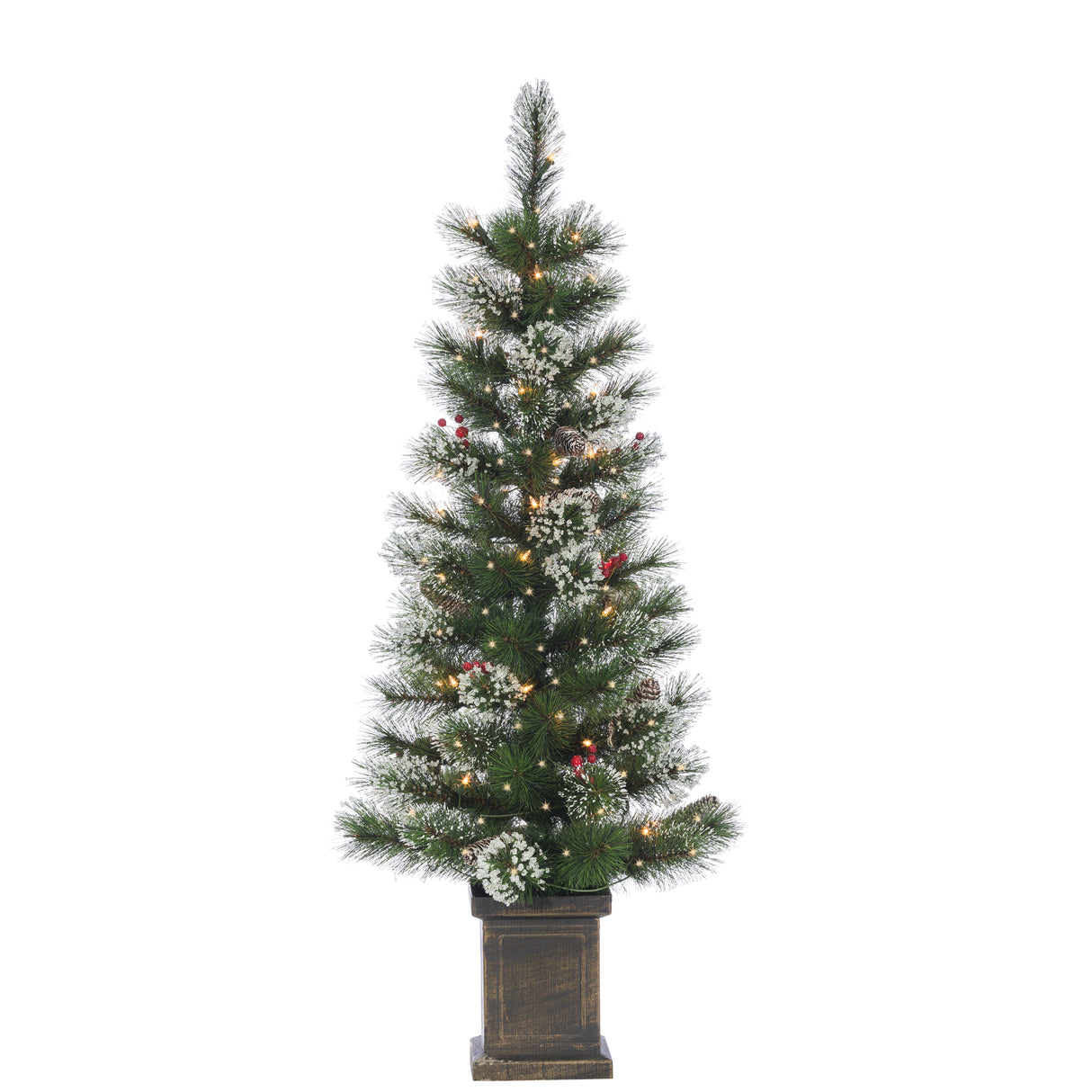 2 potted artificial trees. The tree tips are white to look like snow. The lights are warm white and there are red berry accents.