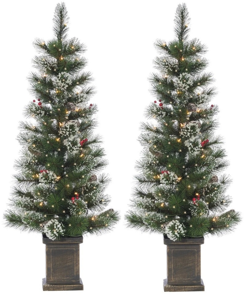 2 potted artificial trees. The tree tips are white to look like snow. The lights are warm white and there are red berry accents.