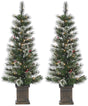 2 potted artificial trees. The tree tips are white to look like snow. The lights are warm white and there are red berry accents.