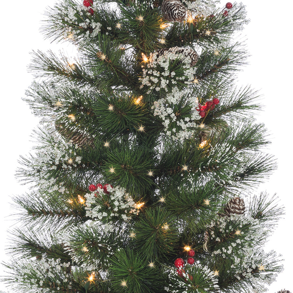 2 potted artificial trees. The tree tips are white to look like snow. The lights are warm white and there are red berry accents.