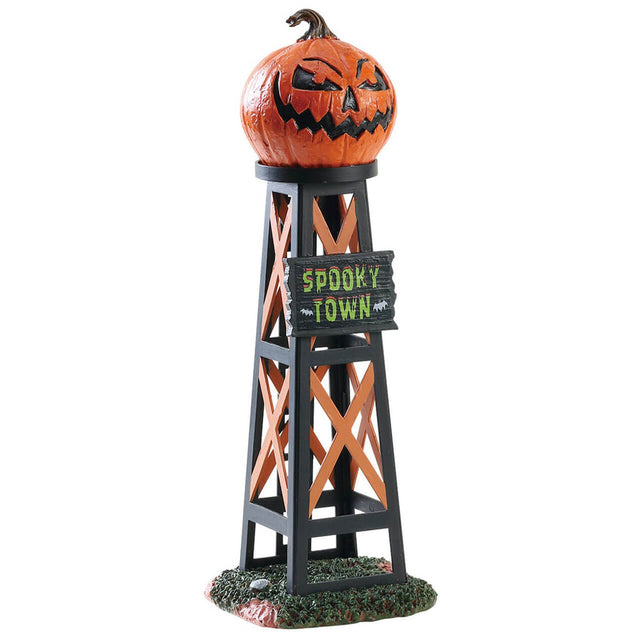 Polyresin figure for a Lemax display. Designed to look like a water tower. The top of the tower is shaped like a jack-o-lantern. There's a black sign on the front of it that reads "SPOOKY TOWN."