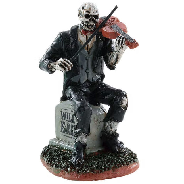 Polyresin figurine for a Lemax display. Designed to look like a skeleton wearing a ratty tuxedo, sitting on a tombstone and playing the violin.