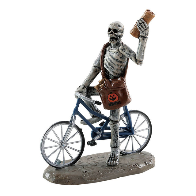 Polyresin figurine for a Lemax display. Designed to look like a skeleton riding a bike and throwing newspapers.