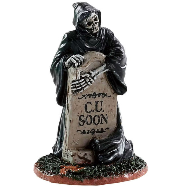 Polyresin figure for a Lemax display. Designed to look like the Grim Reaper hugging a tombstone that reads "C U SOON."