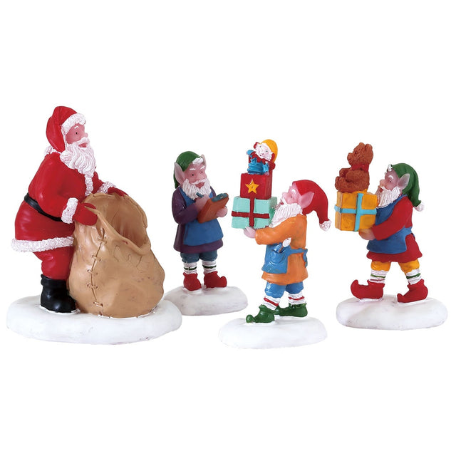Village figurines for a Lemax display. Designed to look like Santa Claus holding open a large bag and elves helping him put gifts inside.