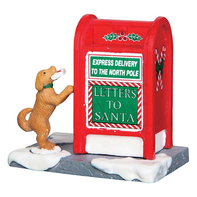 Village accessory for a Lemax display. Designed to look like a red mailbox for letters to Santa. There's a puppy with a letter waiting for someone to help him put his letter in the box.
