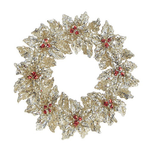Gold glitter ornament shaped like a wreath with red berry accents.