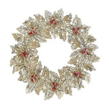 Gold glitter ornament shaped like a wreath with red berry accents.