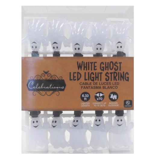 Warm white LED lights shaped like smiling ghosts on a black wire.