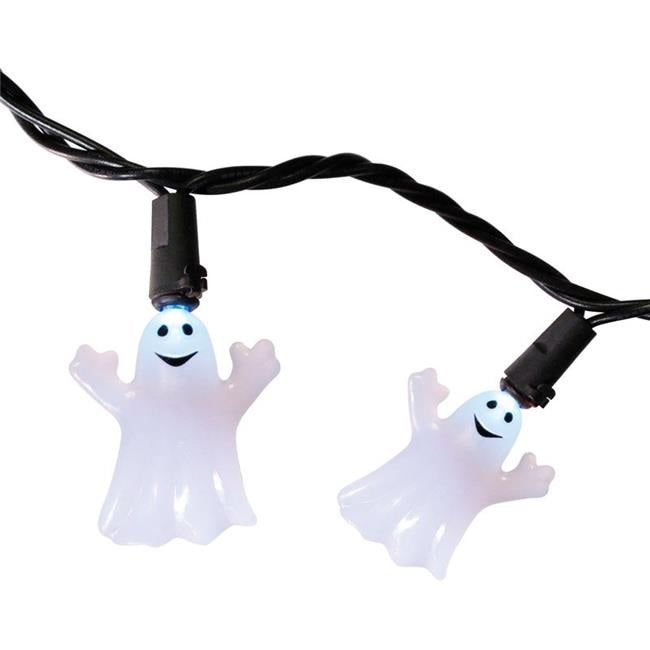 Warm white LED lights shaped like smiling ghosts on a black wire.