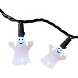 Warm white LED lights shaped like smiling ghosts on a black wire.